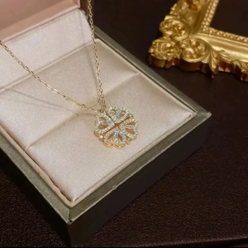 Dual-Style Heart Blossom Pendant Necklace for Women – 18K Gold Plated Stainless Steel Romantic Jewelry