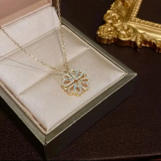 Dual-Style Heart Blossom Pendant Necklace for Women – 18K Gold Plated Stainless Steel Romantic Jewelry