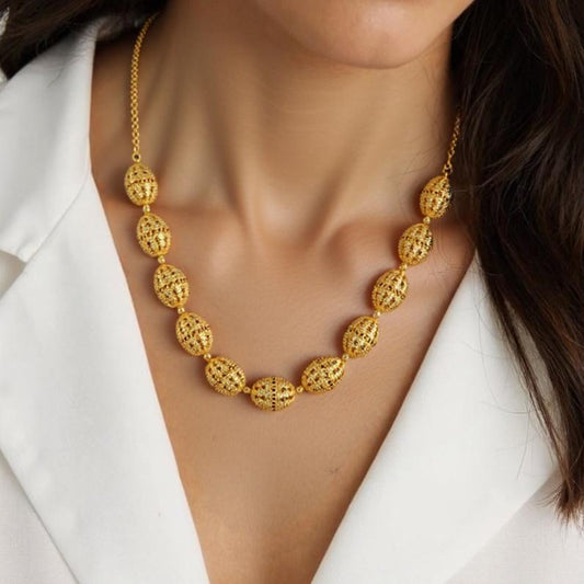 Vintage Aura Openwork Jewelry Set – 18K Gold Plated Oval Link Necklace, Drop Earrings & Statement Ring (3-Piece Set)