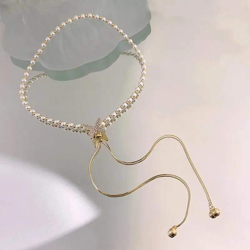 Tassel Pearl Cascade Necklace – Adjustable Gold or Silver Chain with Sparkling Butterfly Accent