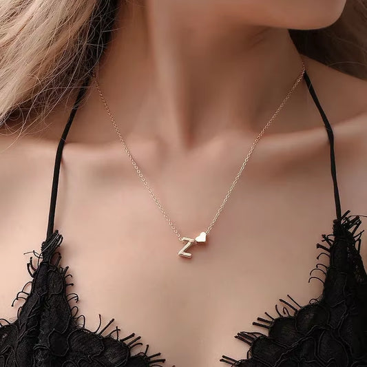 Tiny Heart Initial Pendant Necklace – Dainty Letter Choker in Gold or Silver for Women
