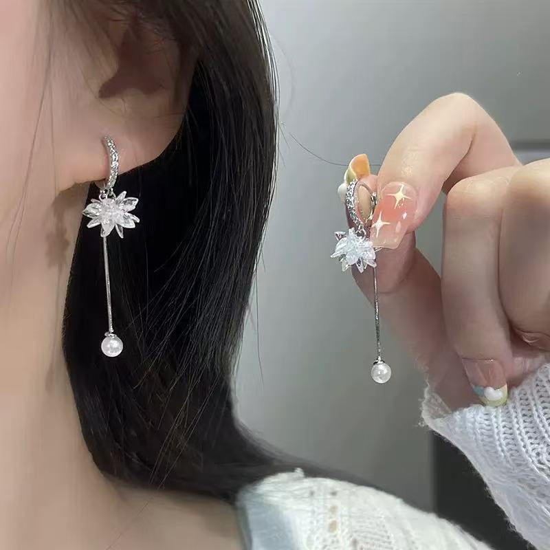 Ice Blossom Pearl Drop Earrings for Women – Clear Long Floral Design with 14K Gold Finish