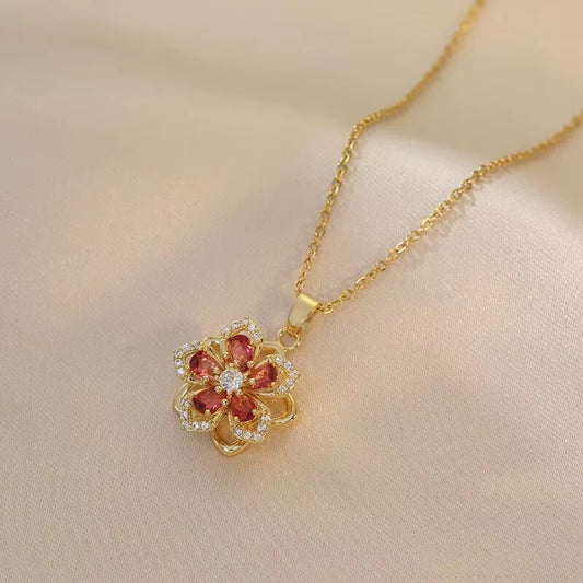 Golden Bloom Spin Zircon Flower Pendant Necklace – Light Luxury Gold-Tone Chain Jewelry (Unisex)