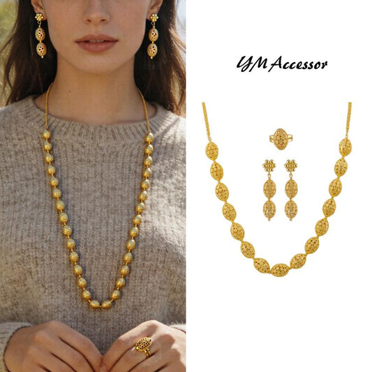 Vintage Aura Openwork Jewelry Set – 18K Gold Plated Oval Link Necklace, Drop Earrings & Statement Ring (3-Piece Set)