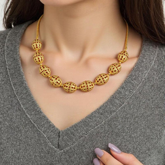 Vintage Aura Openwork Jewelry Set – 18K Gold Plated Oval Link Necklace, Drop Earrings & Statement Ring (3-Piece Set)