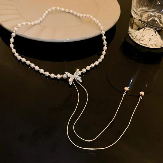 Tassel Pearl Cascade Necklace – Adjustable Gold or Silver Chain with Sparkling Butterfly Accent