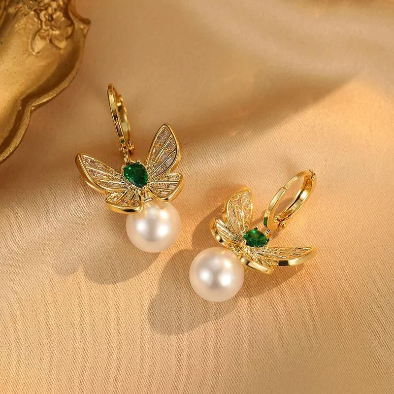 Golden Bloom Butterfly Pearl Earrings for Women – Elegant French Cubic Zirconia Gift