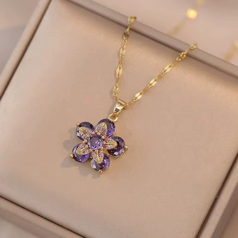 Golden Bloom Spin Zircon Flower Pendant Necklace – Light Luxury Gold-Tone Chain Jewelry (Unisex)