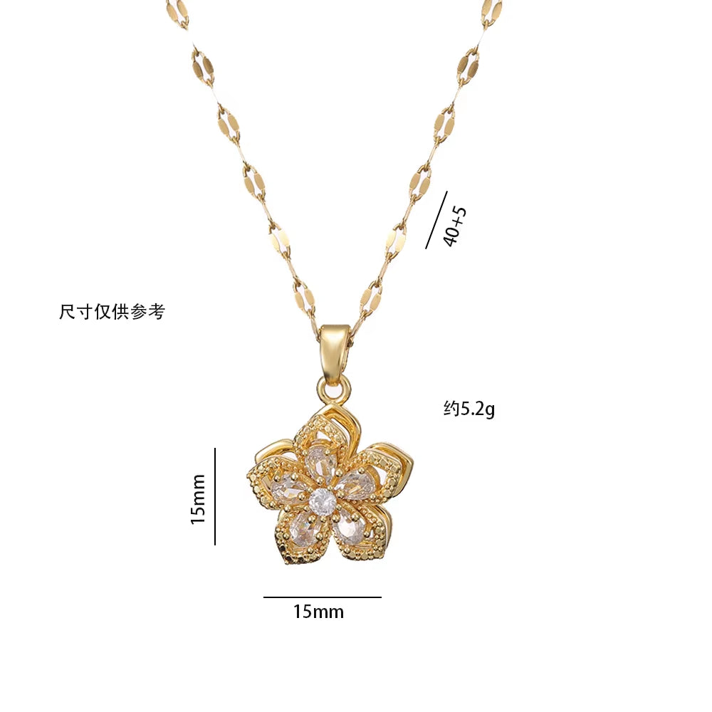 Golden Bloom Spin Zircon Flower Pendant Necklace – Light Luxury Gold-Tone Chain Jewelry (Unisex)