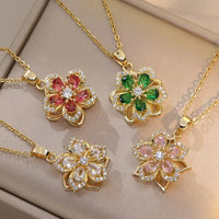 Golden Bloom Spin Zircon Flower Pendant Necklace – Light Luxury Gold-Tone Chain Jewelry (Unisex)