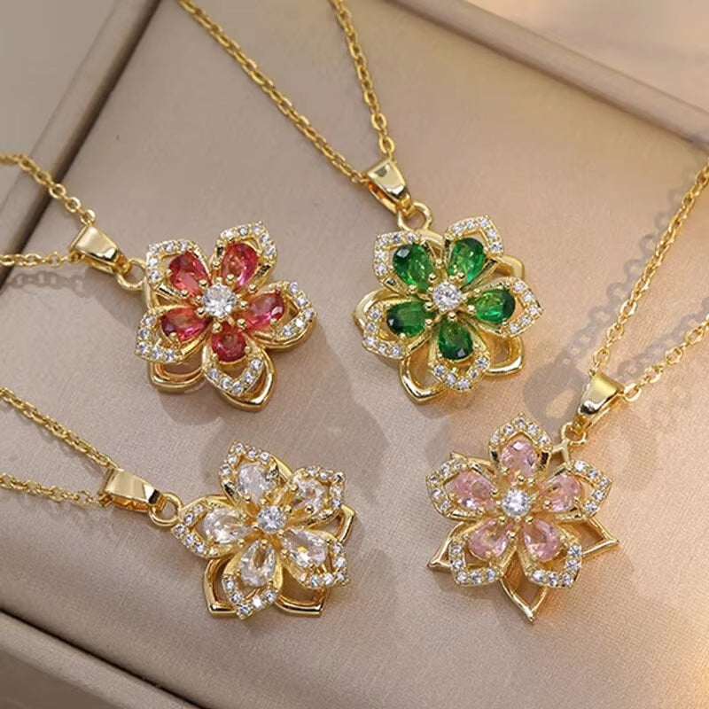 Golden Bloom Spin Zircon Flower Pendant Necklace – Light Luxury Gold-Tone Chain Jewelry (Unisex)