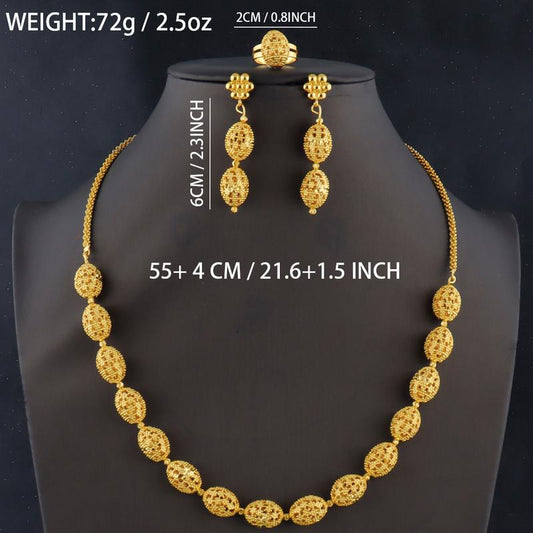 Vintage Aura Openwork Jewelry Set – 18K Gold Plated Oval Link Necklace, Drop Earrings & Statement Ring (3-Piece Set)