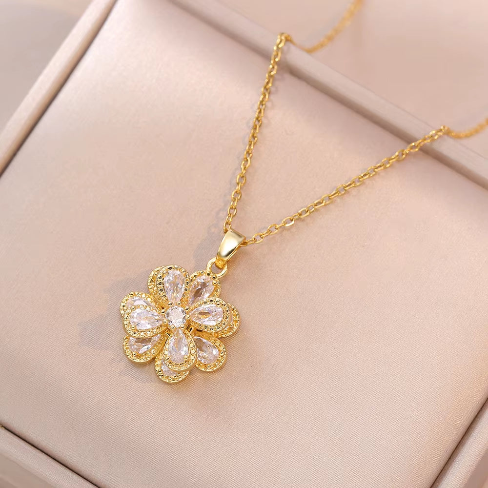 Golden Bloom Spin Zircon Flower Pendant Necklace – Light Luxury Gold-Tone Chain Jewelry (Unisex)