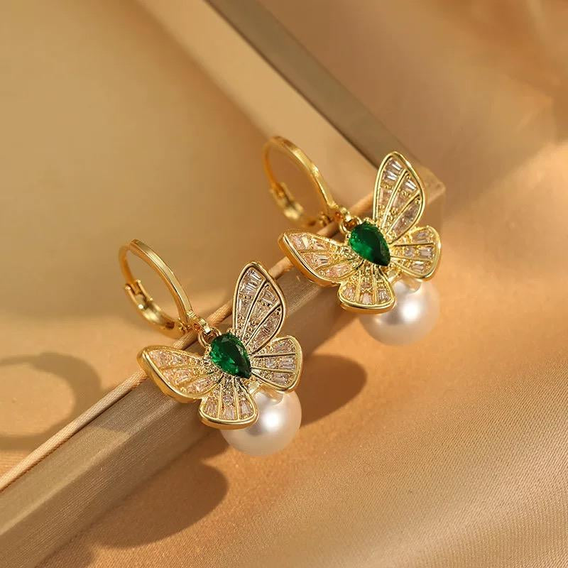 Golden Bloom Butterfly Pearl Earrings for Women – Elegant French Cubic Zirconia Gift