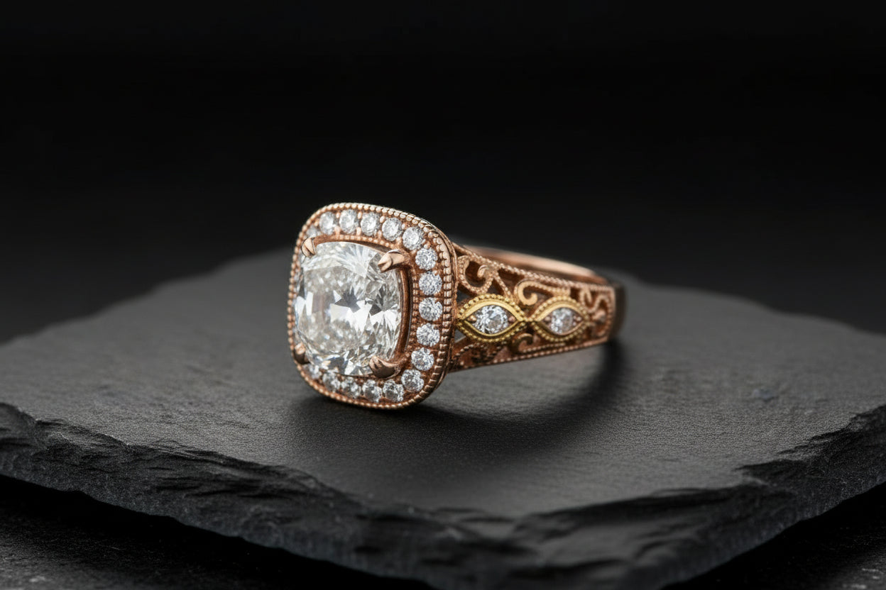 Gold ring with diamond accents on a black background