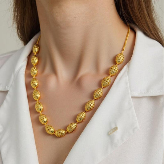 Vintage Aura Openwork Jewelry Set – 18K Gold Plated Oval Link Necklace, Drop Earrings & Statement Ring (3-Piece Set)