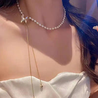 Tassel Pearl Cascade Necklace – Adjustable Gold or Silver Chain with Sparkling Butterfly Accent