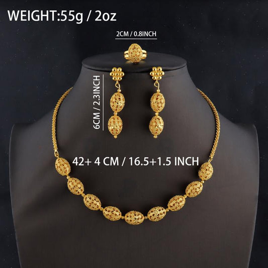 Vintage Aura Openwork Jewelry Set – 18K Gold Plated Oval Link Necklace, Drop Earrings & Statement Ring (3-Piece Set)