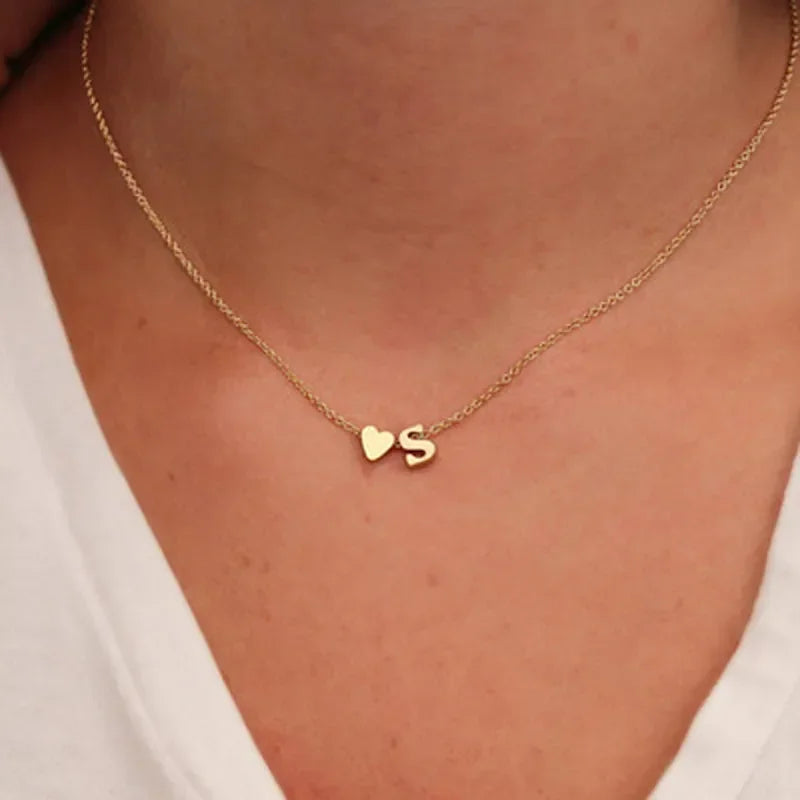 Tiny Heart Initial Pendant Necklace – Dainty Letter Choker in Gold or Silver for Women