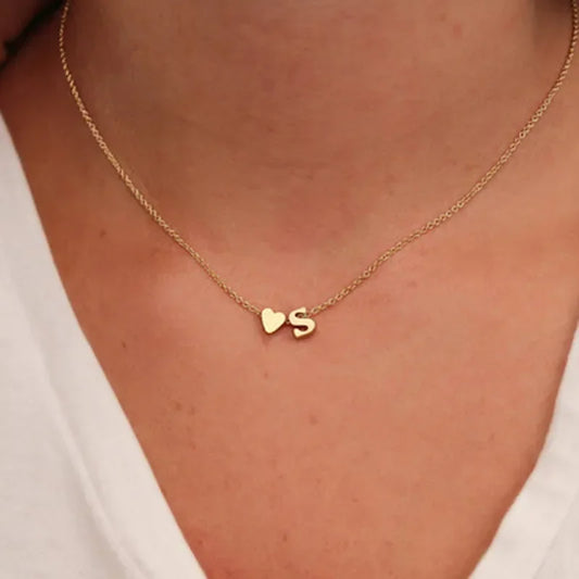 Tiny Heart Initial Pendant Necklace – Dainty Letter Choker in Gold or Silver for Women