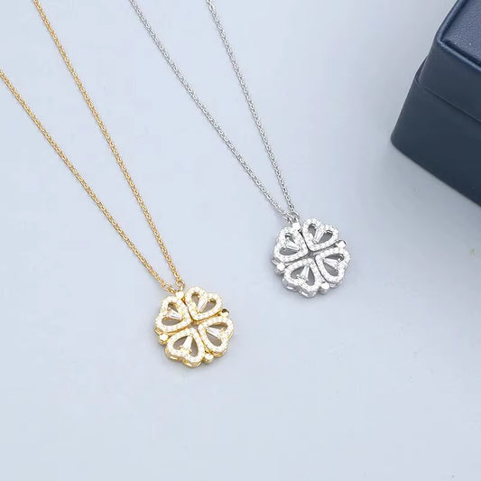 Dual-Style Heart Blossom Pendant Necklace for Women – 18K Gold Plated Stainless Steel Romantic Jewelry