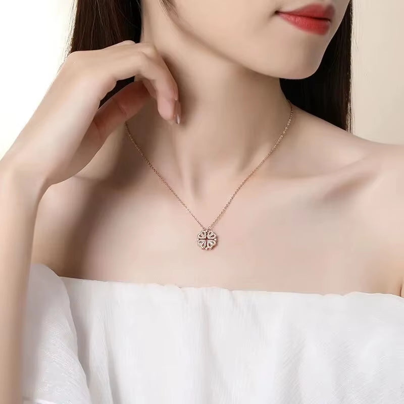 Dual-Style Heart Blossom Pendant Necklace for Women – 18K Gold Plated Stainless Steel Romantic Jewelry