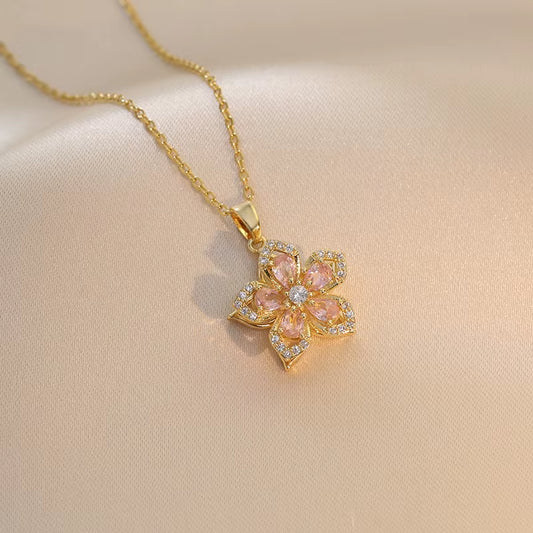 Golden Bloom Spin Zircon Flower Pendant Necklace – Light Luxury Gold-Tone Chain Jewelry (Unisex)