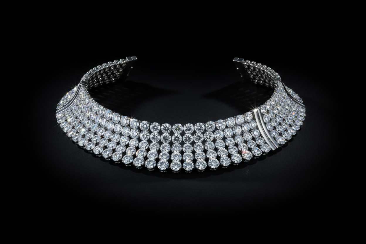 create a premium looking and stylish diamond necklace in white background 