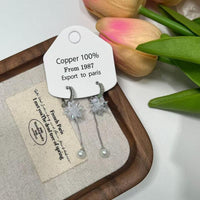 Ice Blossom Pearl Drop Earrings for Women – Clear Long Floral Design with 14K Gold Finish