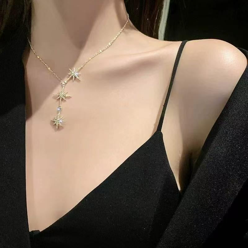 Eight Pointed Star Tassel Necklace for Women, Zircon Inlaid Design, Chic Elegant Jewelry, Perfect Gift Accessory DZXL0950 Sparkling Crystal Accents Elevate Style