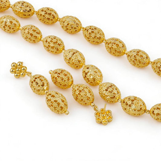 Vintage Aura Openwork Jewelry Set – 18K Gold Plated Oval Link Necklace, Drop Earrings & Statement Ring (3-Piece Set)