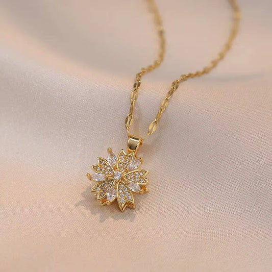 Golden Bloom Spin Zircon Flower Pendant Necklace – Light Luxury Gold-Tone Chain Jewelry (Unisex)