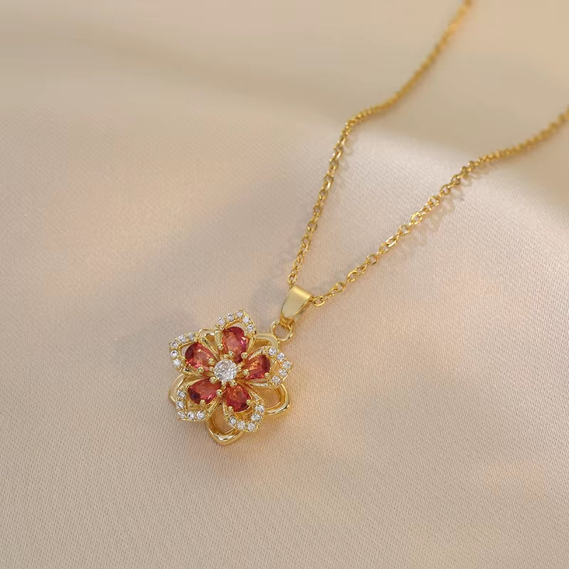 Golden Bloom Spin Zircon Flower Pendant Necklace – Light Luxury Gold-Tone Chain Jewelry (Unisex)