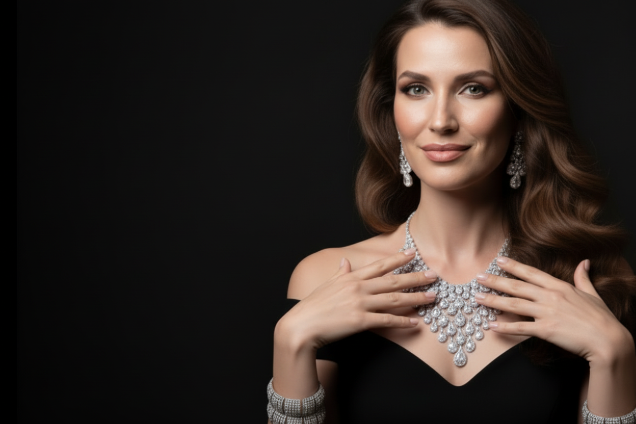 make it more natural and other hand gesture because necklace is hiding with hand in this image 